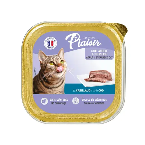 Pour organiser le jardin:Aliment humide chat stérilisé Plaisir cabillaud en barquette de 100 g