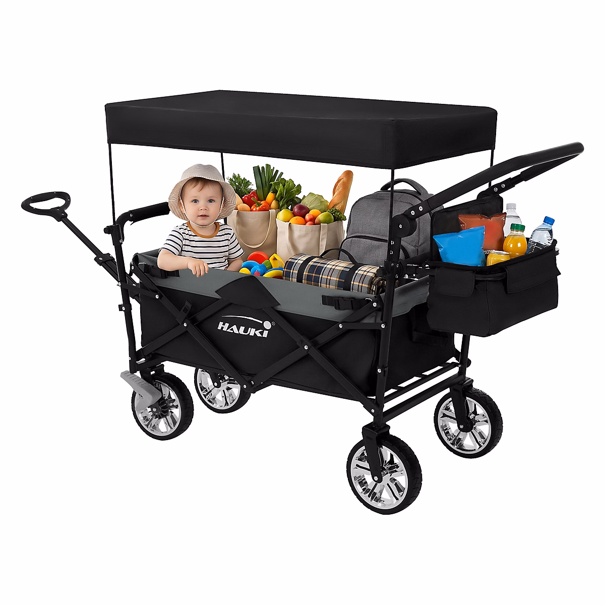 Chariot pliable enfant – Hauki, Noir-gris, Avec toit, poches et siège 2 places, charge max. 120 kg