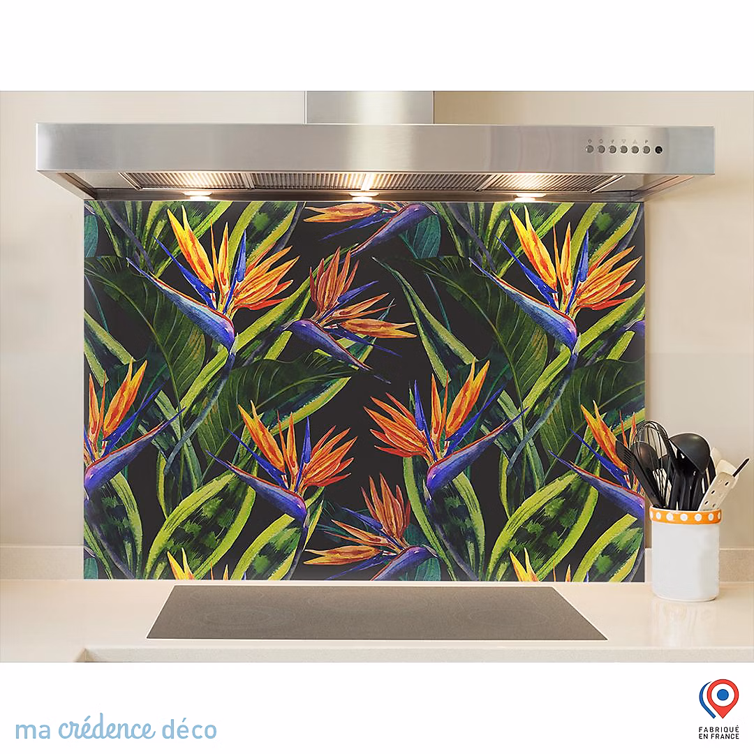 Crédence cuisine fond de hotte feuilles et fleurs tropicales 2 | Verre trempé – L 60 cm x H 45 cm – MaCrédenceDéco