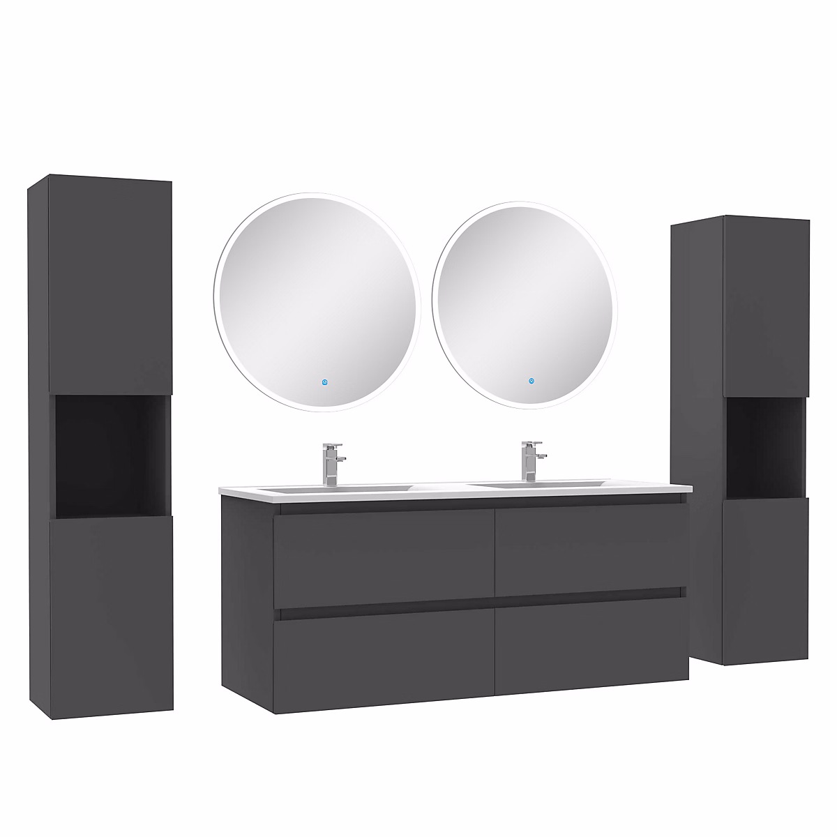 Ensemble meubles Salle de Bain avec colonne et miroir rond mural 120cm meuble Anthracite – Réf. AHXBTSPND9161455802