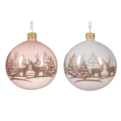 BOULE EN VERRE TRANSPARENTE AVEC RENNE DE NOËL ROSE POUDRE - ∅8CM