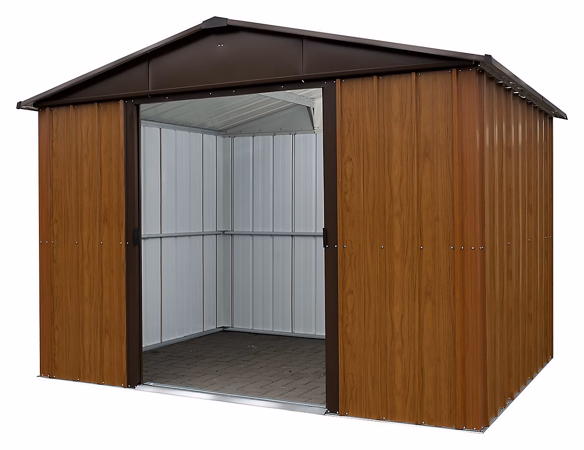 Abri de jardin Yardmaster WGY en métal coloris marron et imitation bois ép.0 – 3 mm surface extérieure 5,97 m²