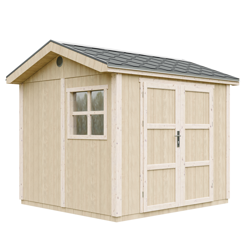 TIMBELA Abri de Jardin Qualité Premium 5,9m² H252x250x294 cm Avec un sol et des bardeaux bitumineux M913A