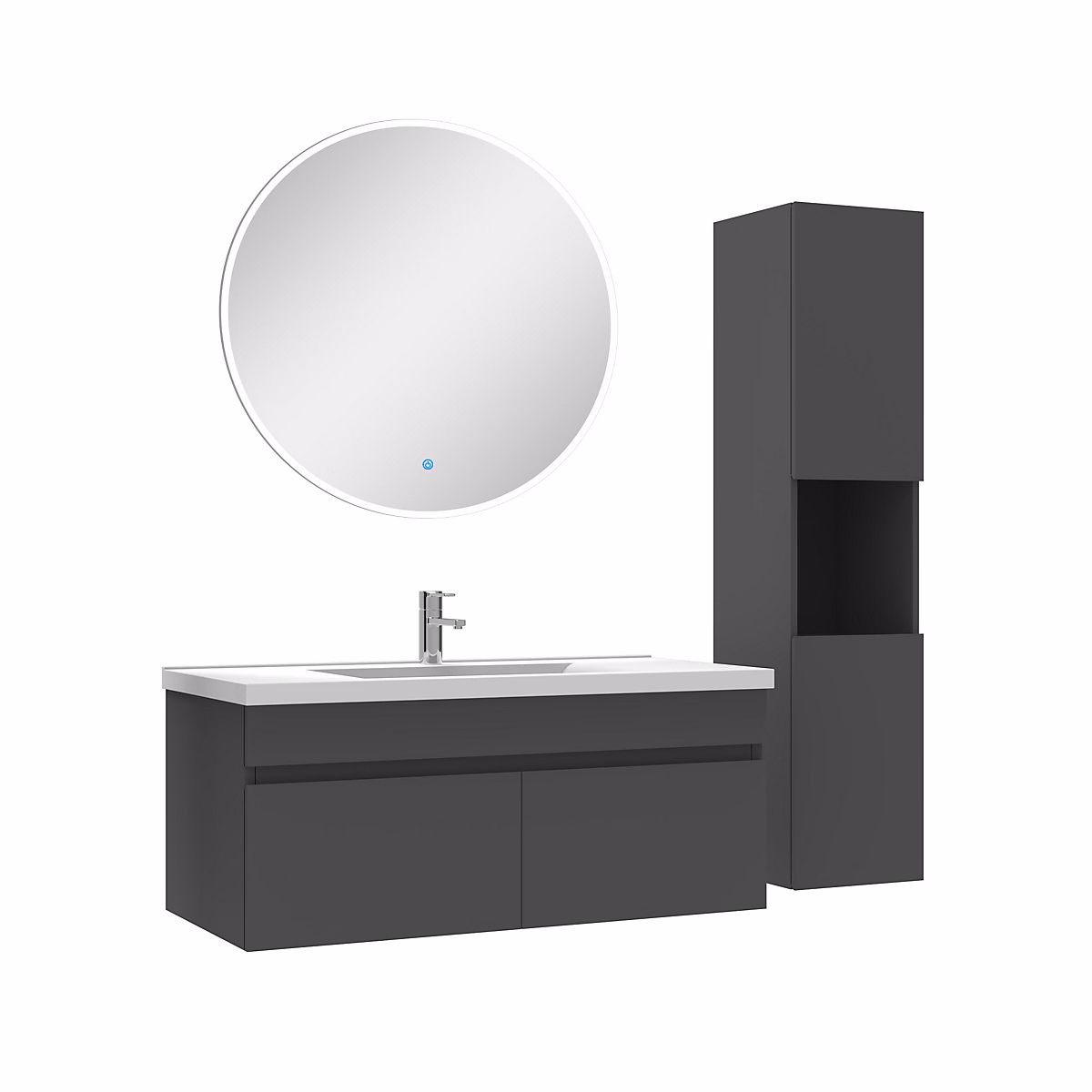 Ensemble meuble de salle de bains – Ensemble Salle De Bain avec colonne et miroir rond 100cm meuble Anthracite