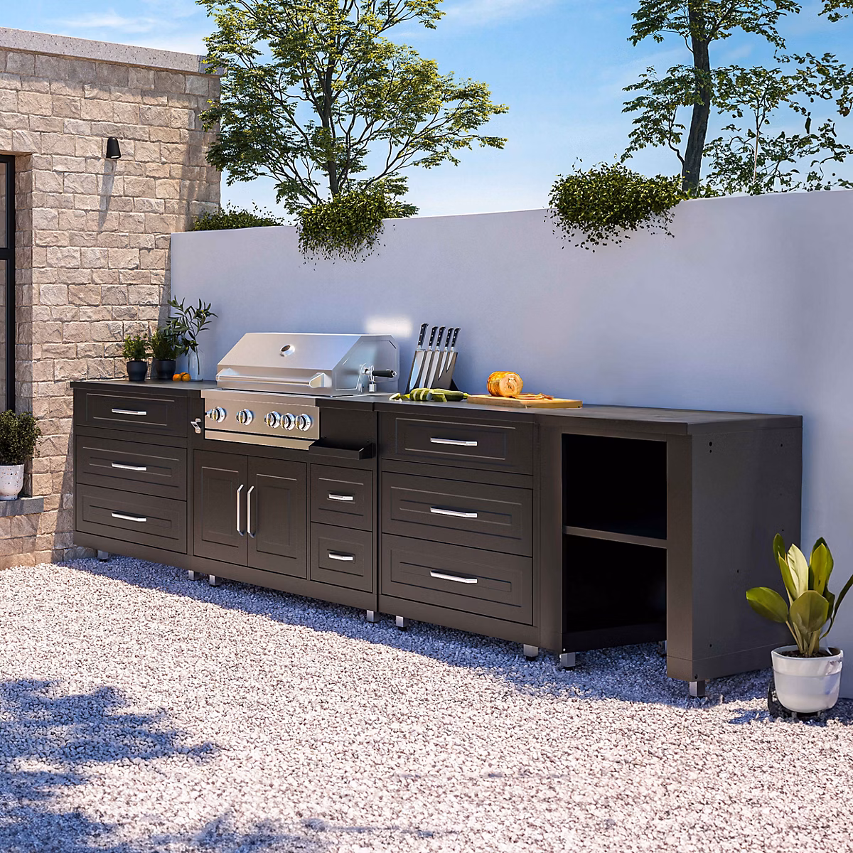 Cuisine d'extérieur acier 4 éléments avec barbecue Oviala | Cuisine d'extérieur