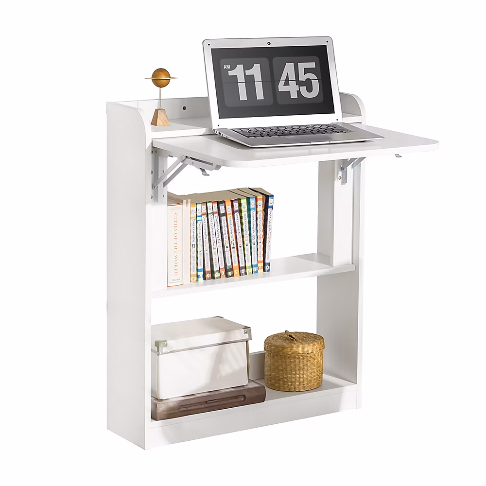Bureau Pliant Bureau Multifonctionnel avec Etagères de Rangement | FWT92 – W – SoBuy
