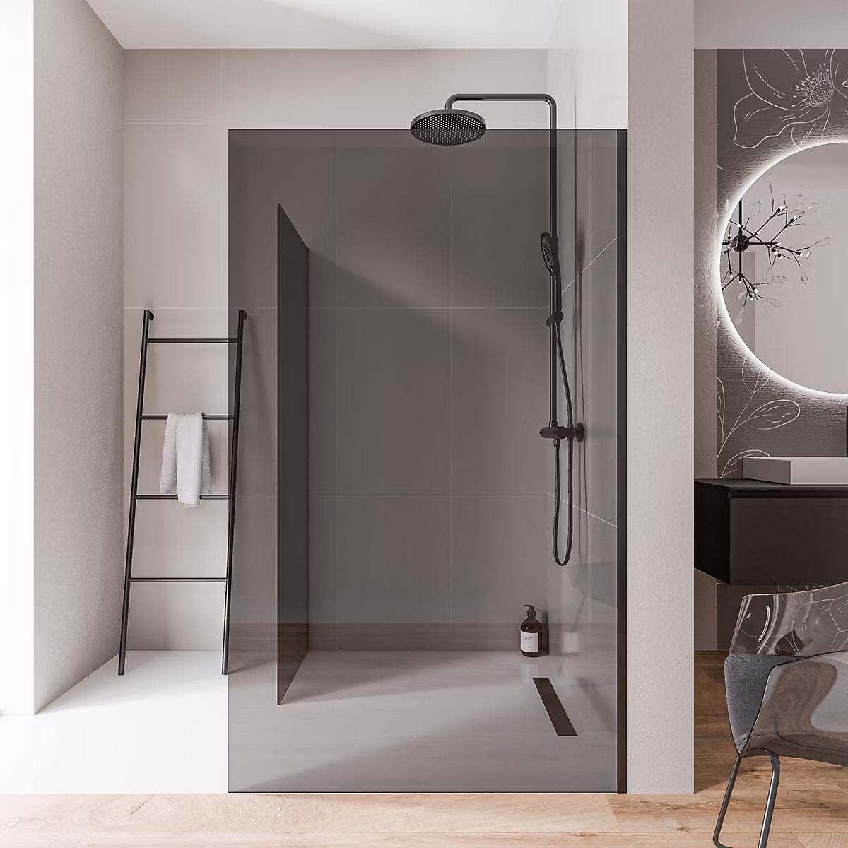 2 Parois de douche italienne d'angle 70 × 200cm + 100cm – verre fumé NANO 10mm, profilé mural inox noir mat, sans profilé sol, EX102