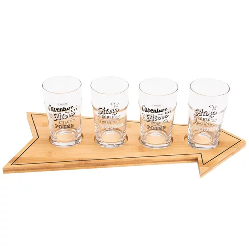 Jardin essentiel：Plat en bambou forme flèche et 4 verres à bière coloris transparent en verre - 22 x 15 x 51 cm