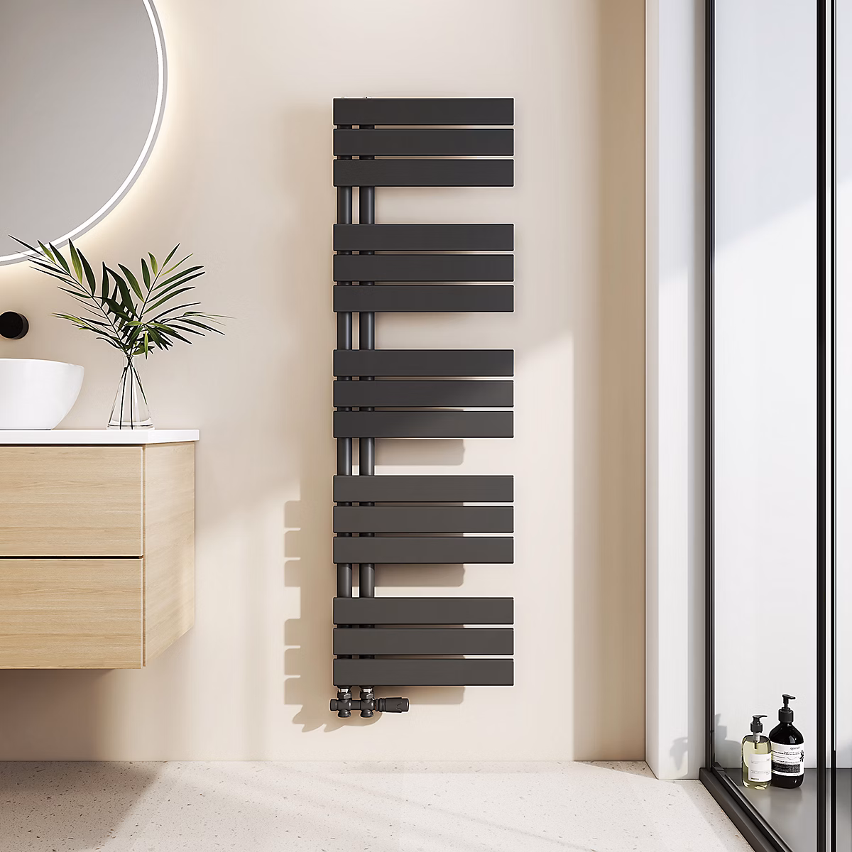 EMKE Chauffe-Serviettes à Eau Chaude Design Plat – Radiateur Salle de Bain Noir 1320 × 400mm 570W