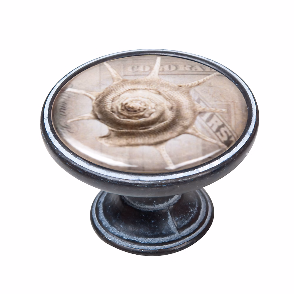 Bouton de meuble zamac diamètre 37 mm oxydé decapé coquille 2 piéces – lot de 12