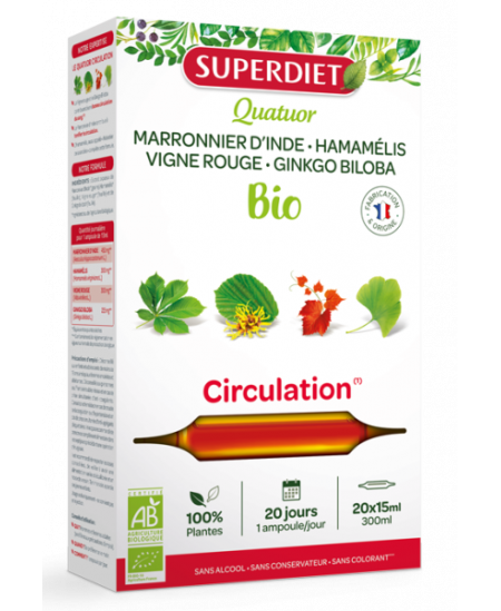 Super Diet - Quatuor Circulation Vigne Rouge Marronnier Hamamélis Ginkgo - 20 ampoules