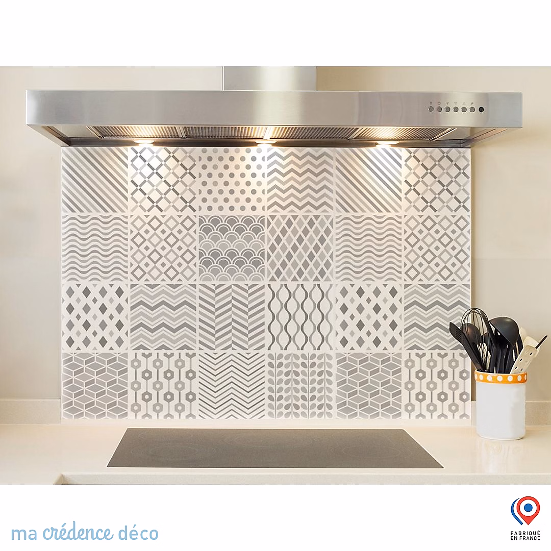 Crédence cuisine fond de hotte Carreaux ciment modernes 2 – Verre trempé, L 60 cm x H 45 cm, MaCrédenceDéco
