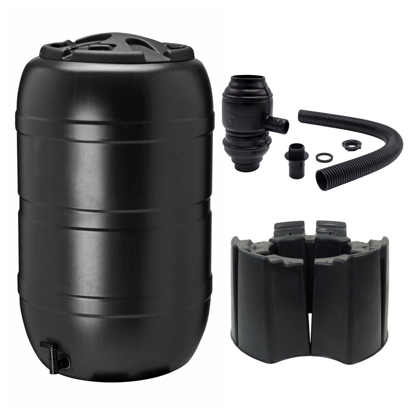 Récupérateur d'eau 210L noir - Kit complet avec pied et connecteur