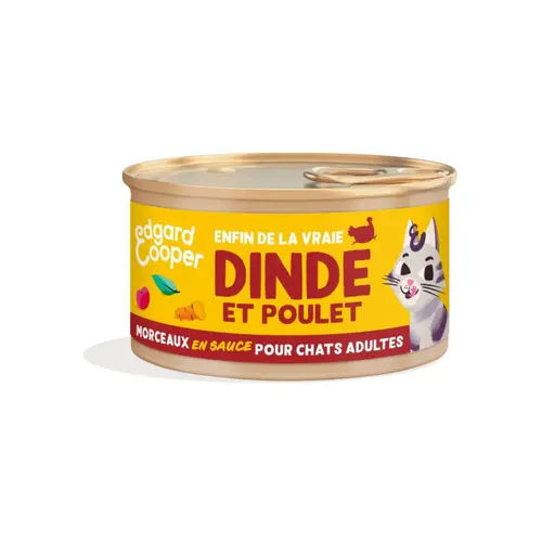 Nature maison：Pâtée pour chat adulte à la dinde et au poulet morceaux en sauce sans céréales Edgard & Cooper - 85 g